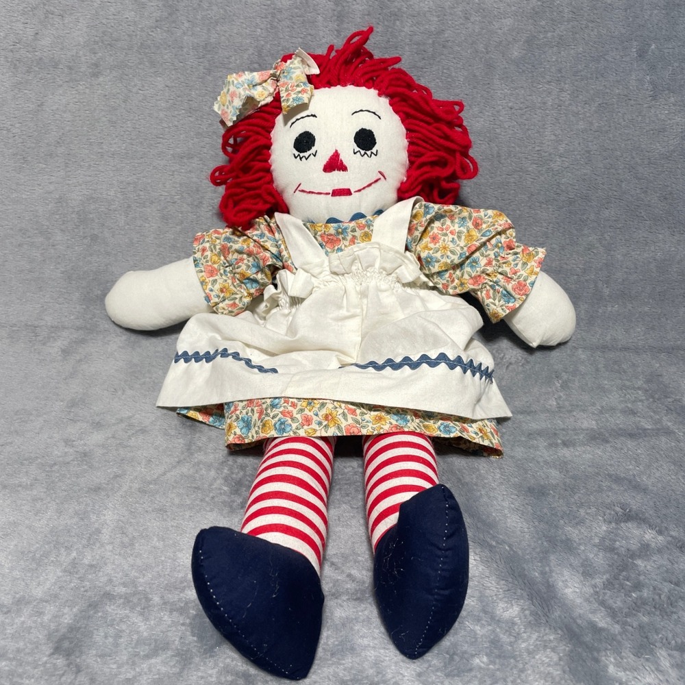 Vintage Raggedy Ann Plush Doll 15 Inch Red Yarn Floral Dress I Love You Heart